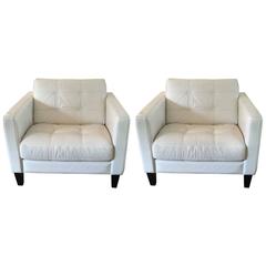 Pair of Italian Large White Leather Club Chairs