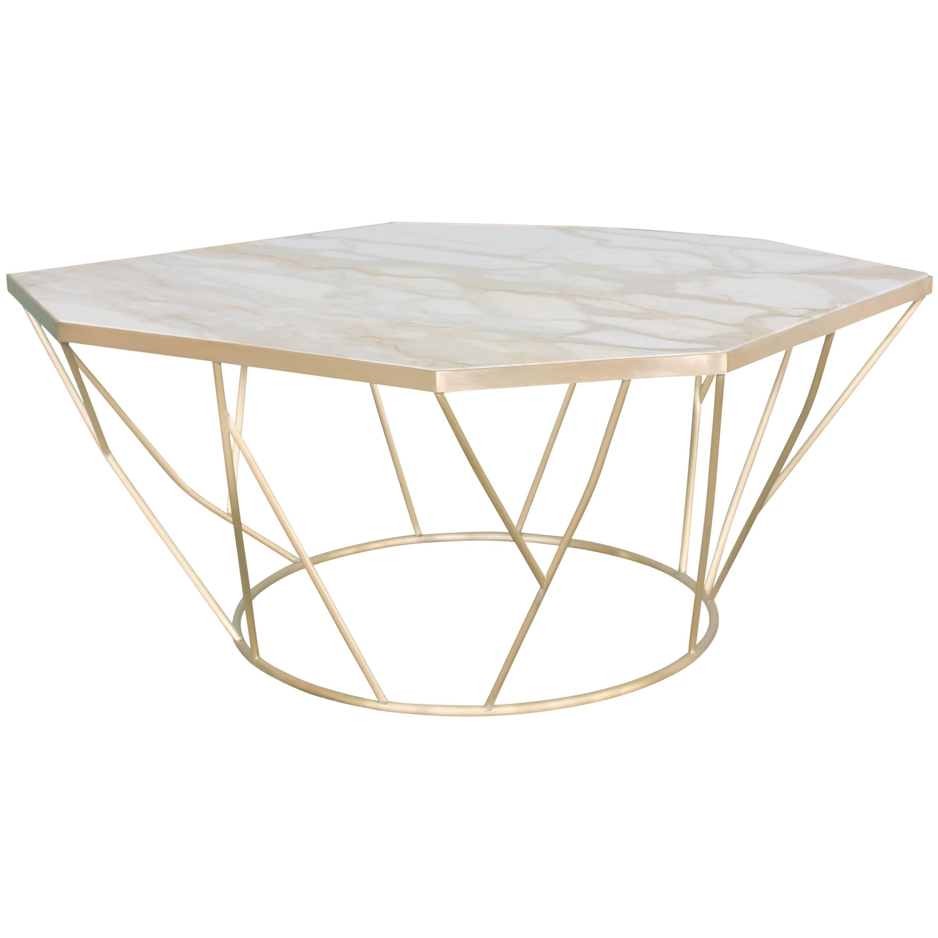 Facet Sculptural Cocktail Table in Satin Bronze with Inset Honed Marble Top. For Sale
