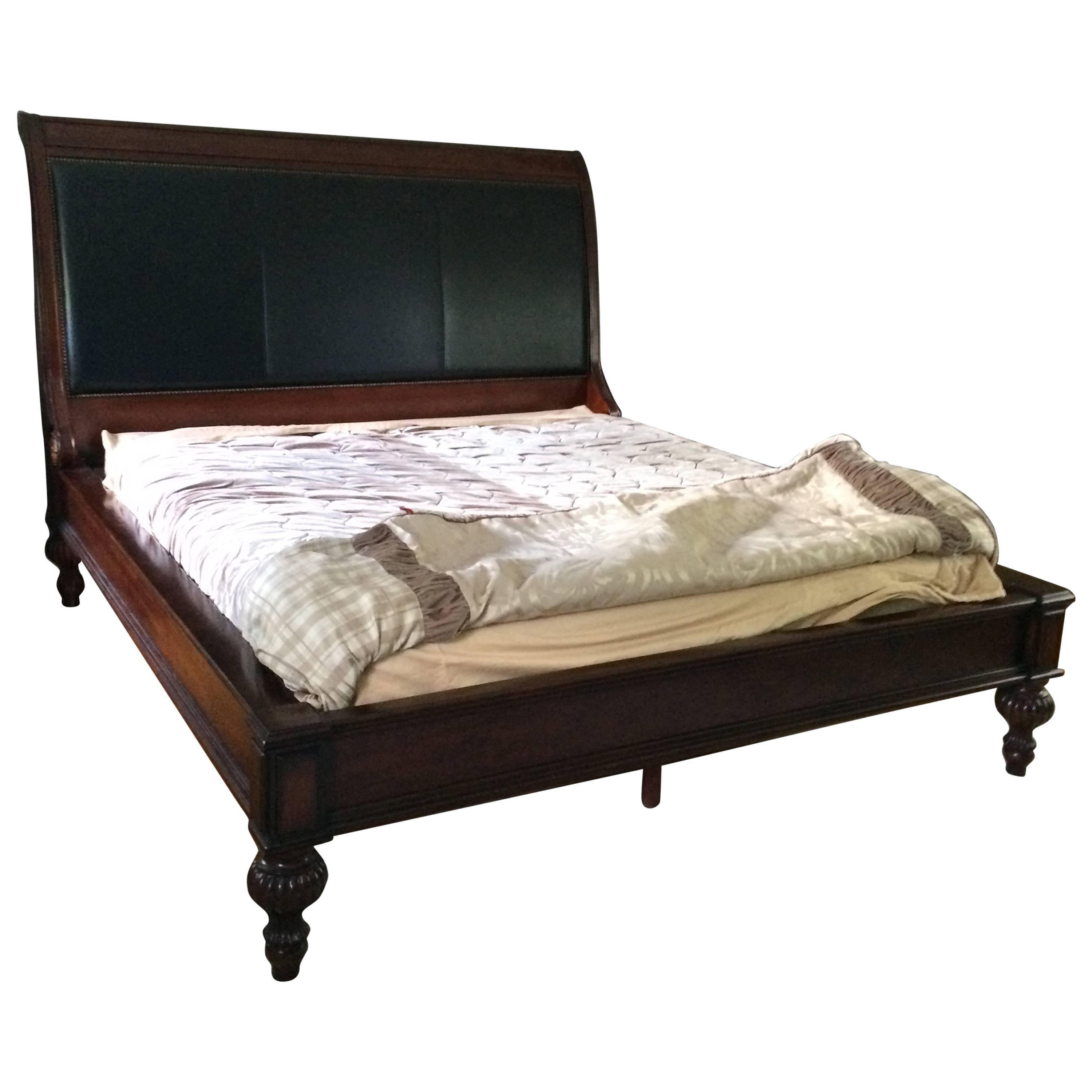 Regal California King Mahogany and Black Leather Sleigh Bed