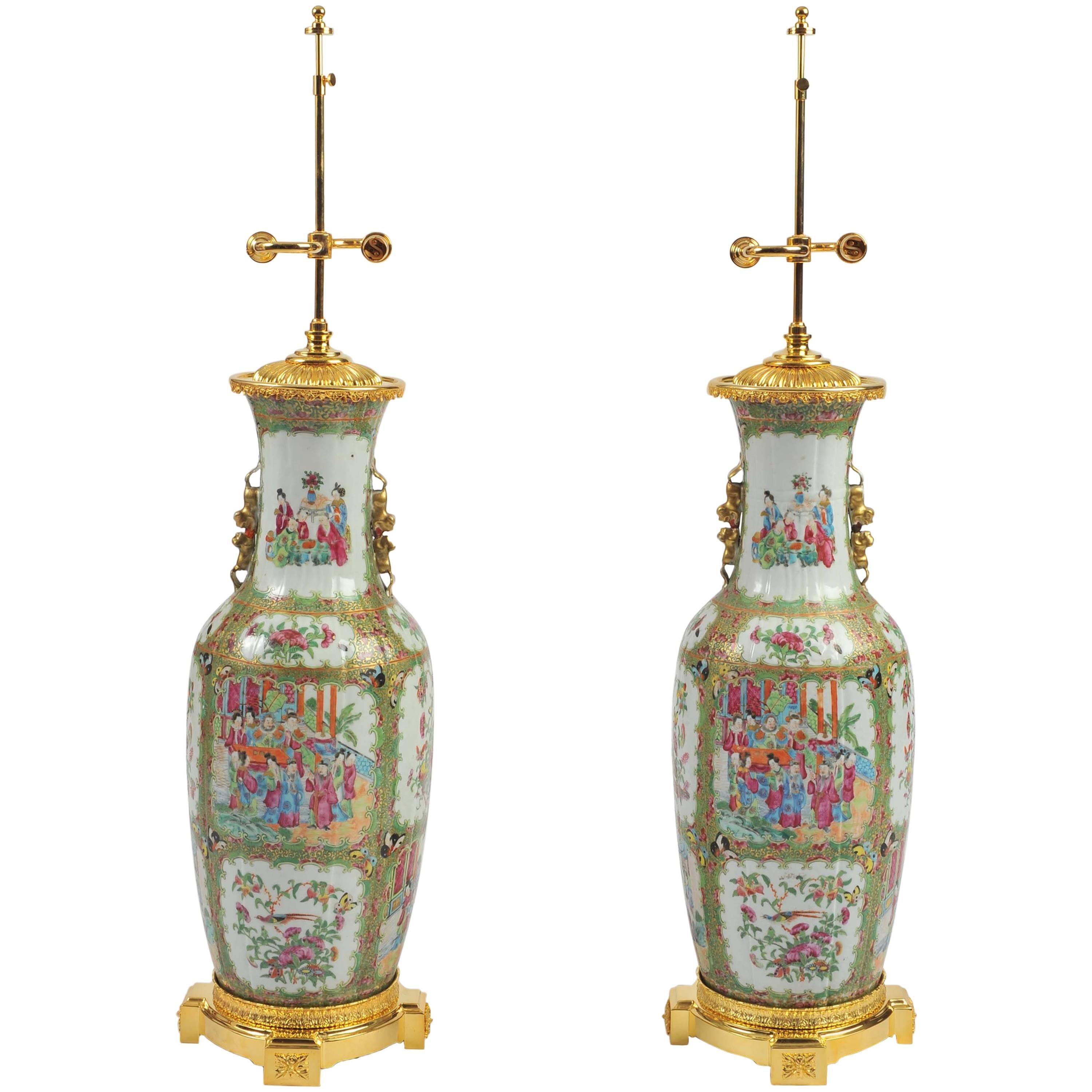 Pair of Late 19th Century Ormolu-Mounted Chinese Canton Vases