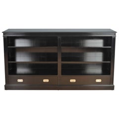 Bespoke Black Lacquer Open Bookcase with Two Military Style Drawers