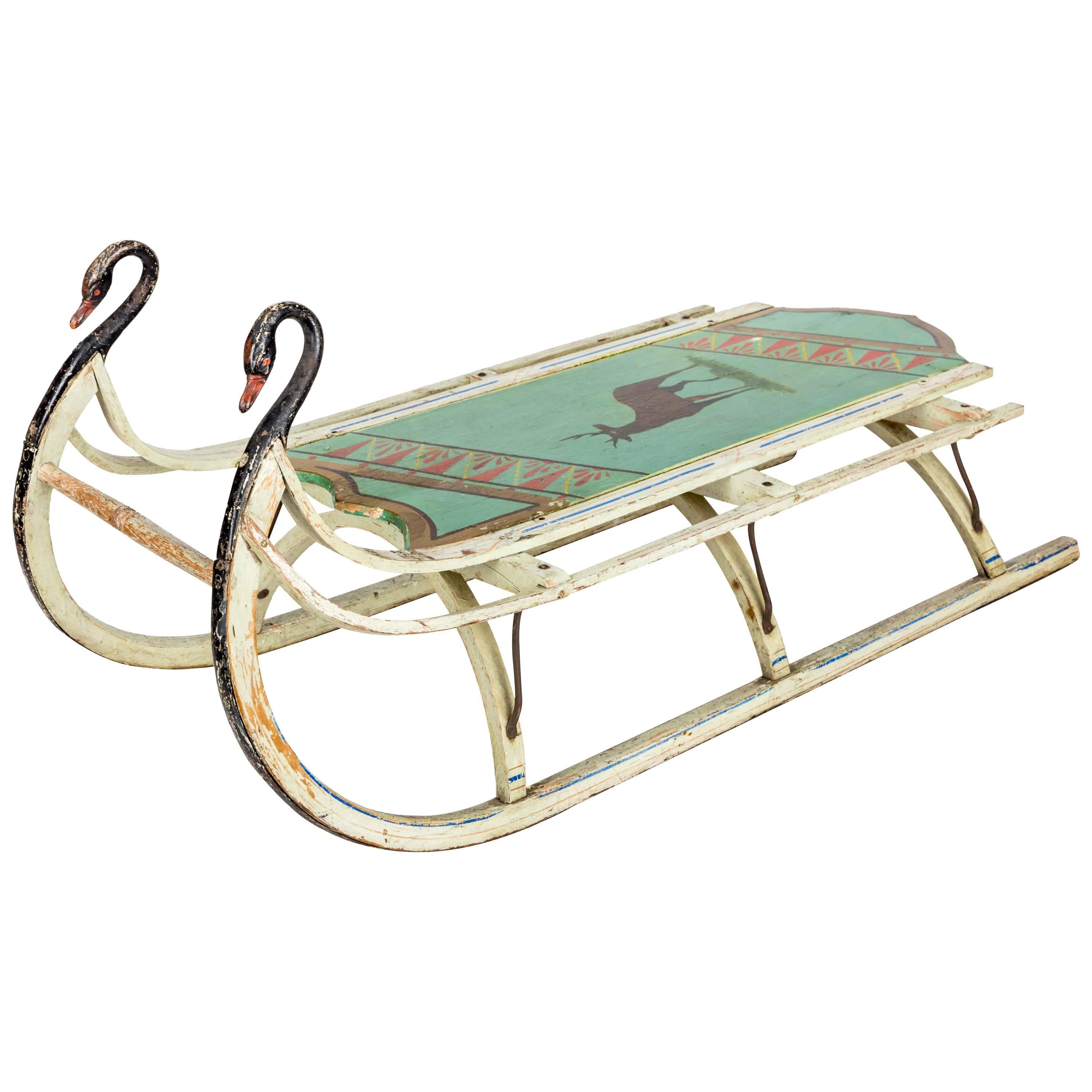 19th-Century Wooden Sled with Original Paint and Iron Swan Runners