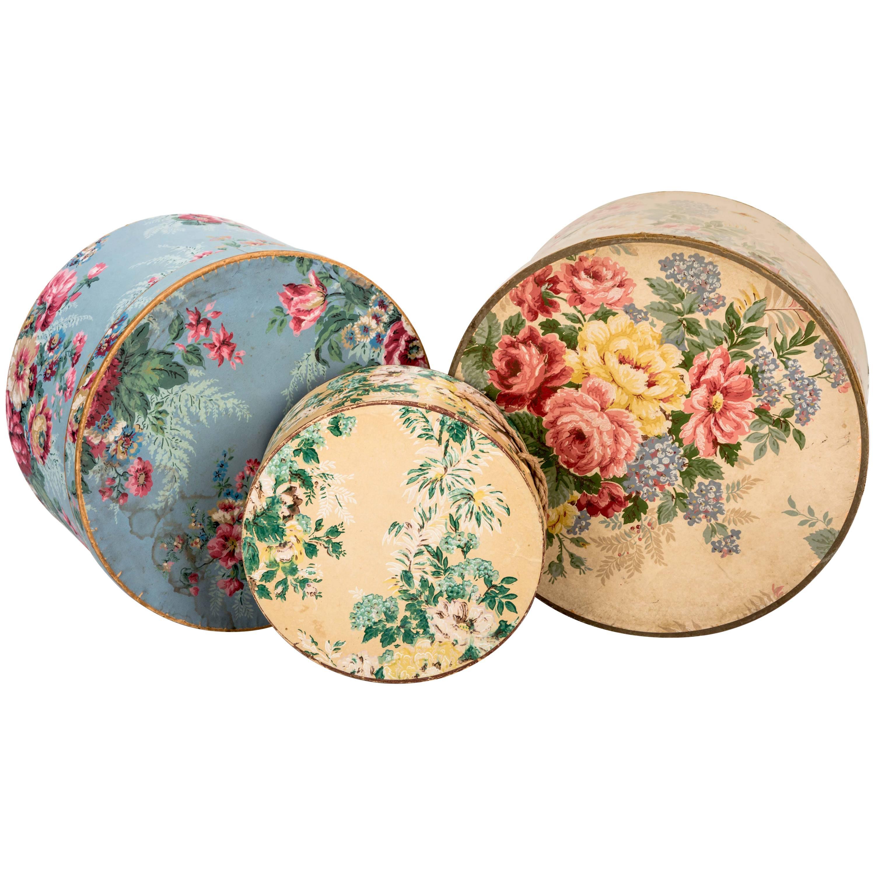 Antique Wallpaper Covered Band Boxes For Sale