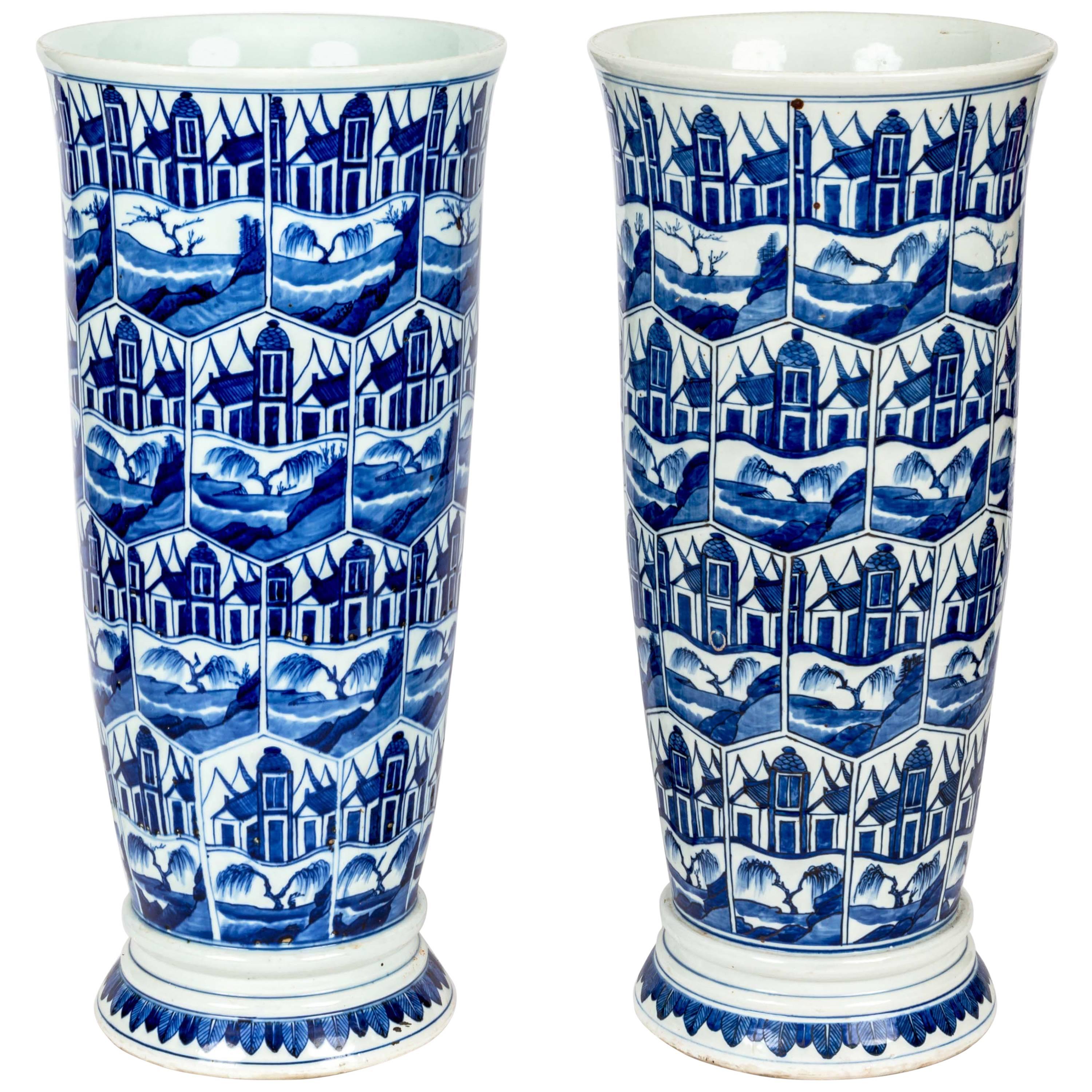 Pair of Blue and White Delft-Style Chinese Umbrella Stand