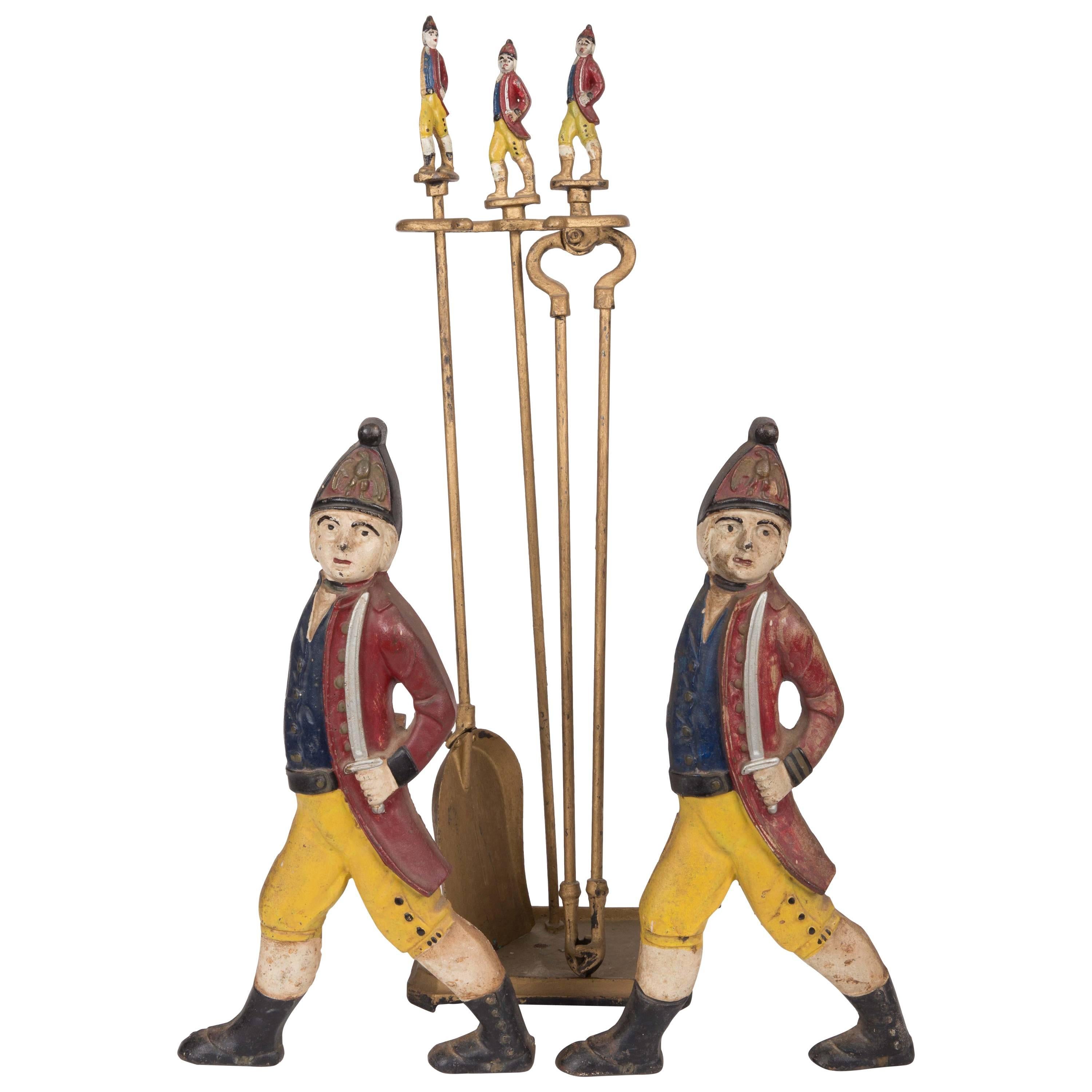 Set of Hessian Soldier Andirons with Matching Fire Tools and Stand