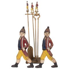 Antique Set of Hessian Soldier Andirons with Matching Fire Tools and Stand