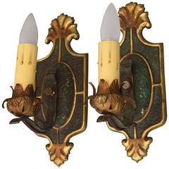 Antique 1920s Green and Gold Single Light Sconces