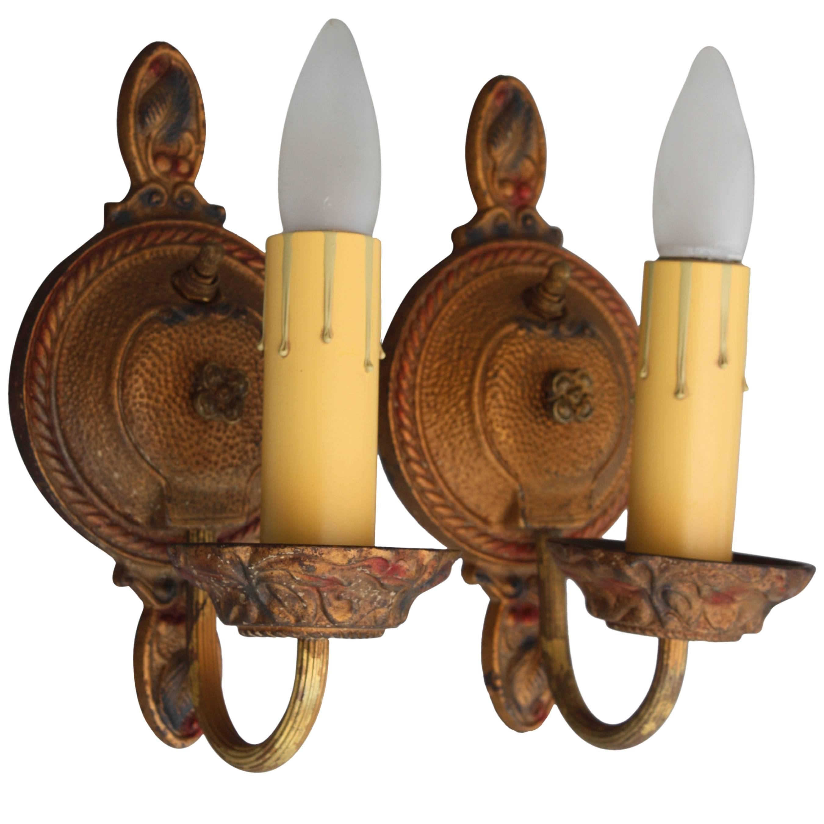 Pair of 1920s Sconces with Circular Backplate with Polychrome Finish For Sale