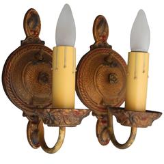 Antique Pair of 1920s Sconces with Circular Backplate with Polychrome Finish