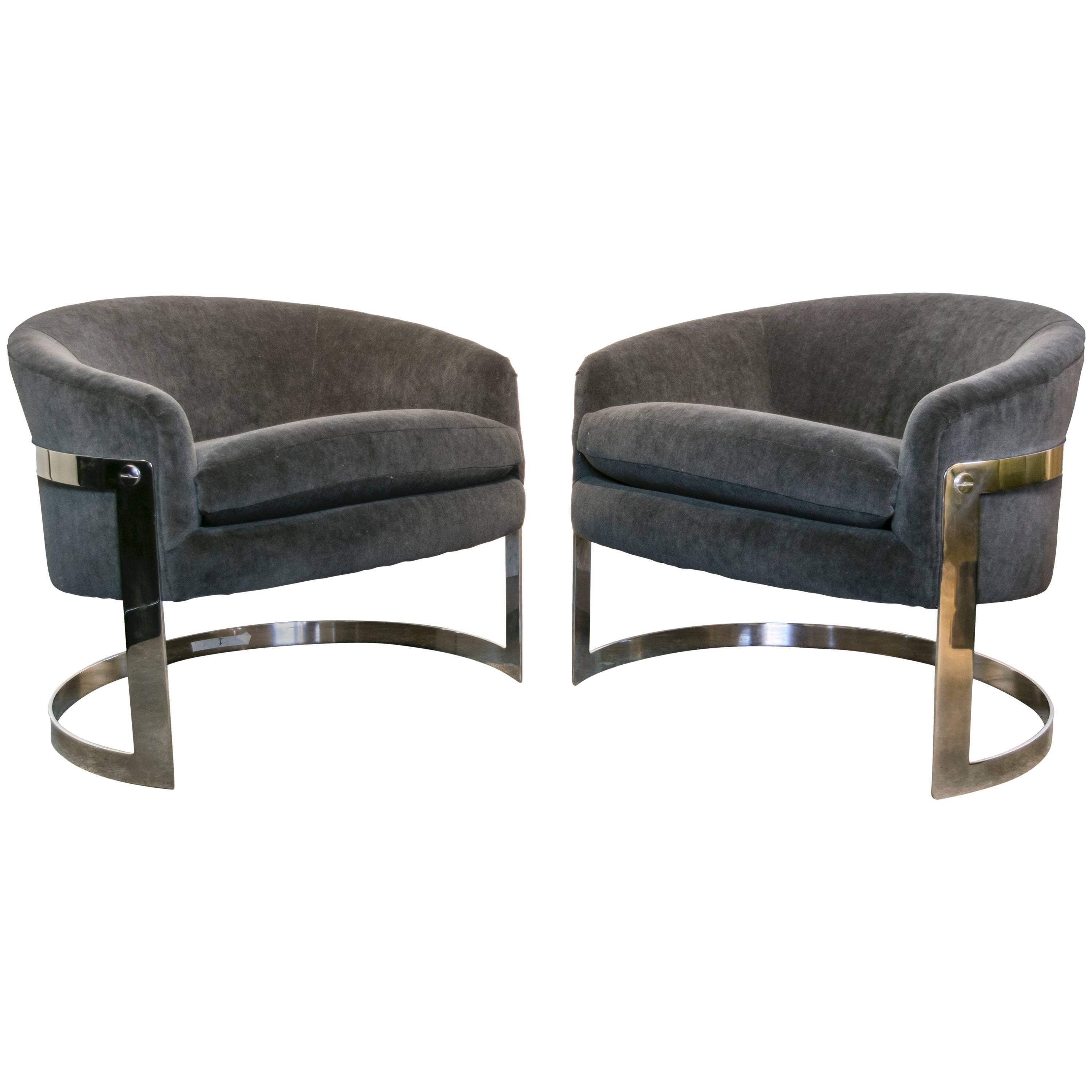 Milo Baughman Chrome Cantilevered Chairs in Charcoal Gray Mohair