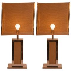 Pair of Mid-Century Style French Chrome and Rattan Lamps