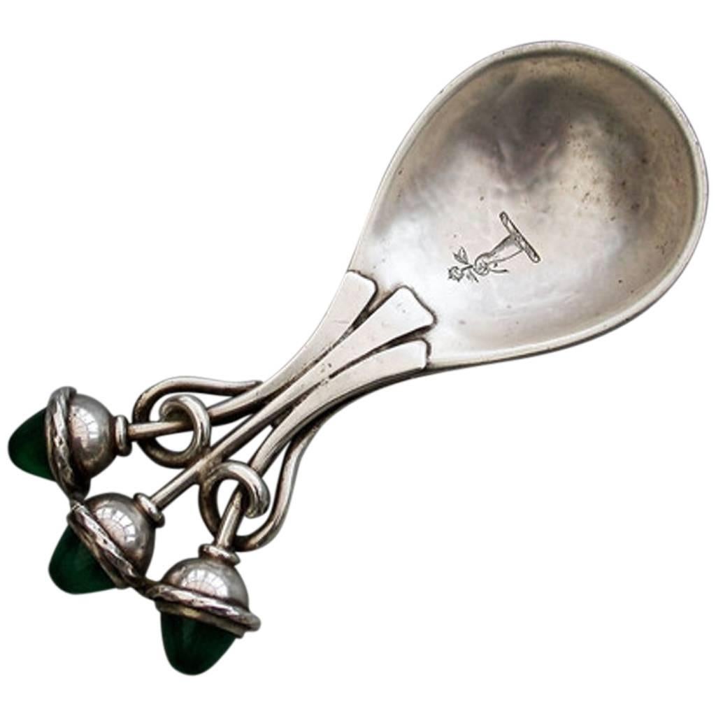Arts & Crafts Cast Silver Caddy Spoon, Green Chrysoprase Cabochons