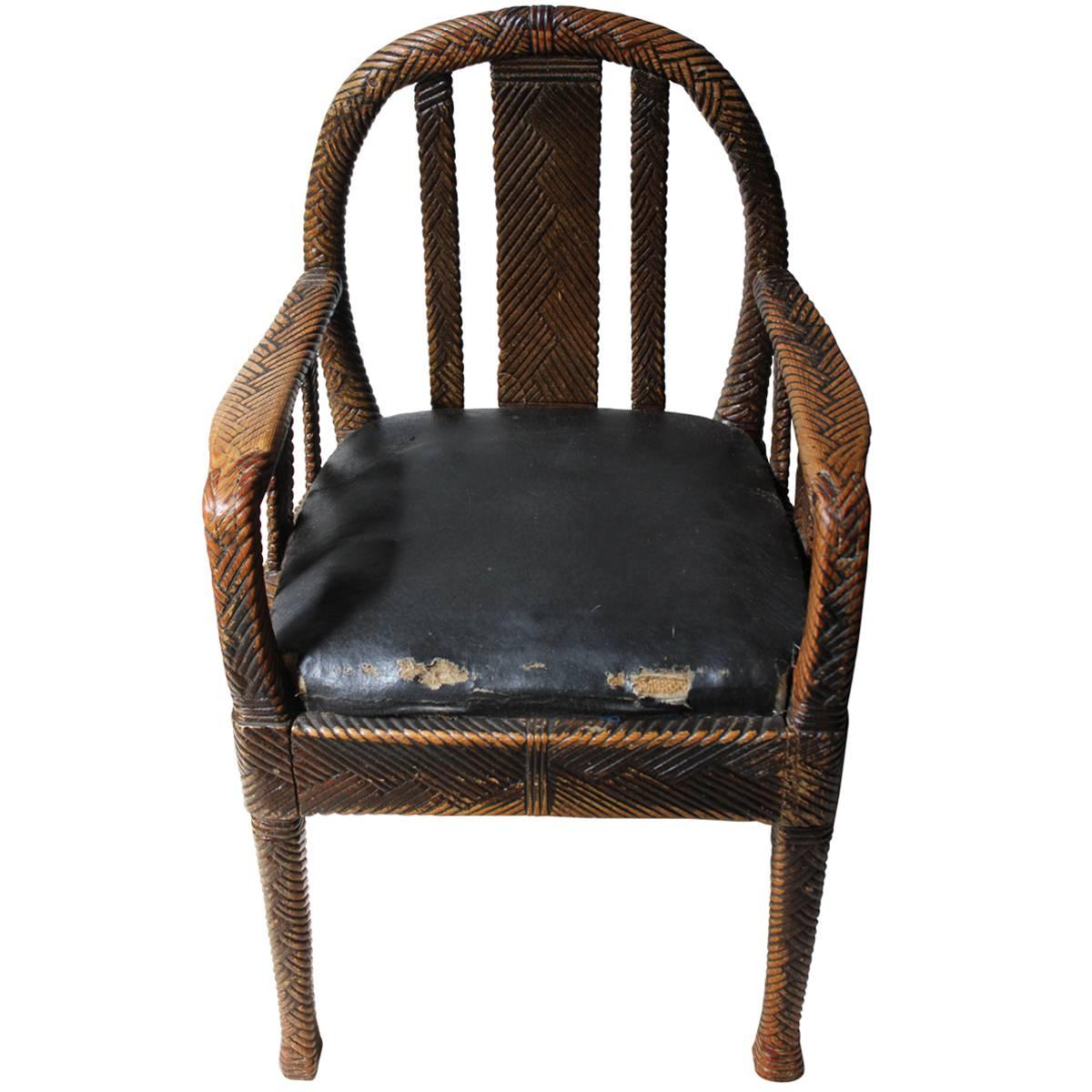 Very Unusual Faux Wicker and Rexine Upholstered Open Armchair, circa 1890