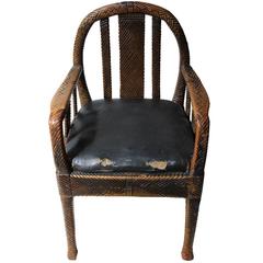 Antique Very Unusual Faux Wicker and Rexine Upholstered Open Armchair, circa 1890