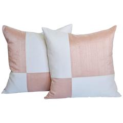French Antique Pink Peach Silk and White Irish Linen Geometric Cushions Pillows