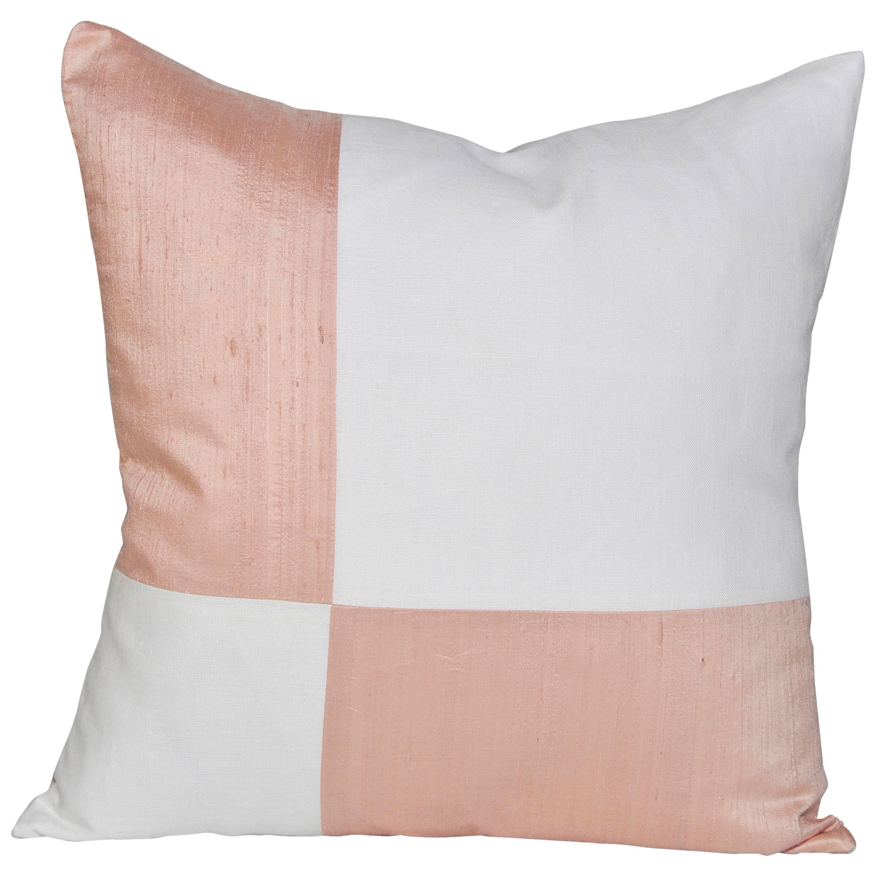 French Antique Pink Peach Silk and White Irish Linen Geometric Cushion Pillow For Sale