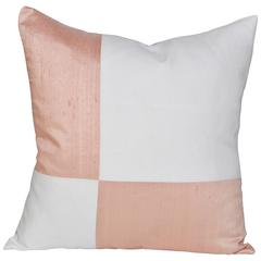 French Antique Pink Peach Silk and White Irish Linen Geometric Cushion Pillow