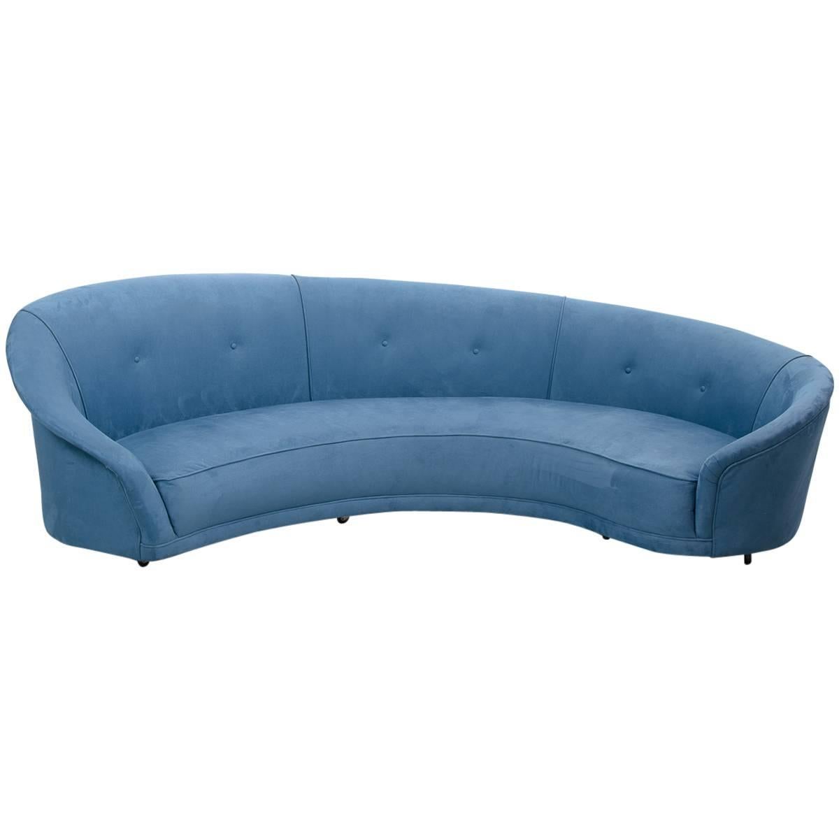 Mid-Century Blue Curved Sofa, 1970s