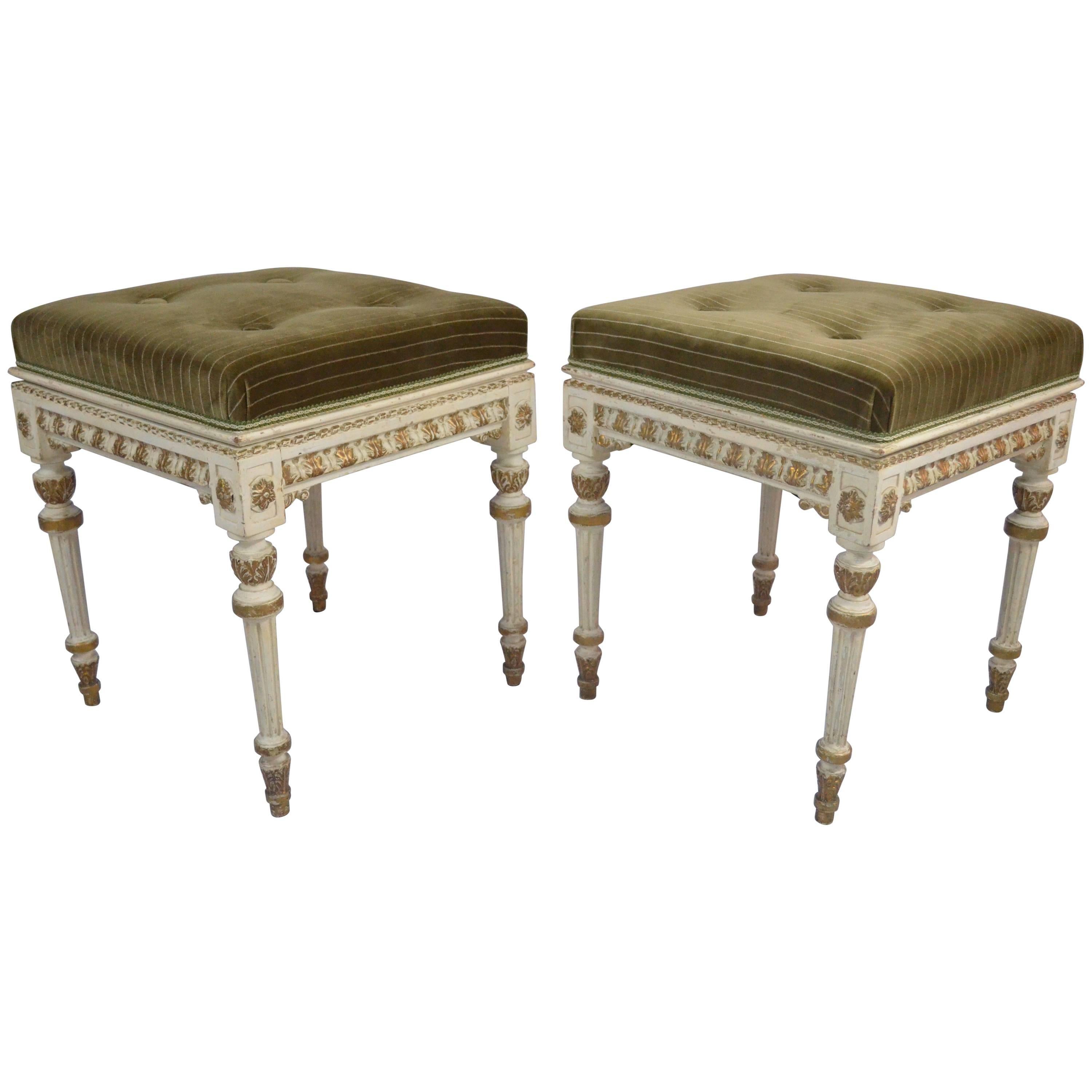 Set of Two Italian Small Pouffes and Bench, Napoleon III, Louis XVI Style