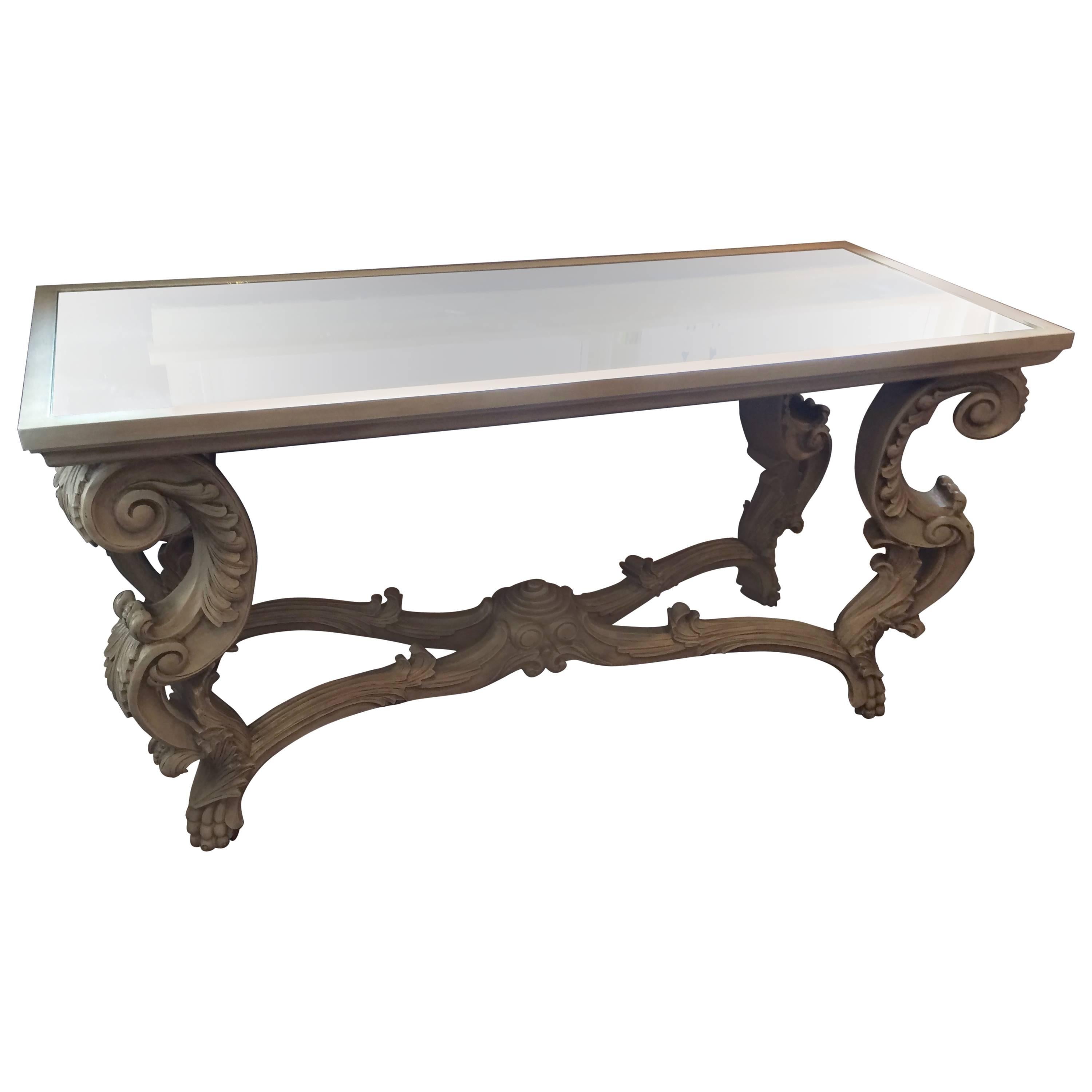 Oly Sophia Grey Carved Wood Console with Aged Mirror Top