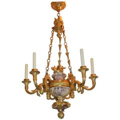 Wonderful Six-Light Doré Bronze Rouge Marble Neoclassical Urn Dasson Chandelier
