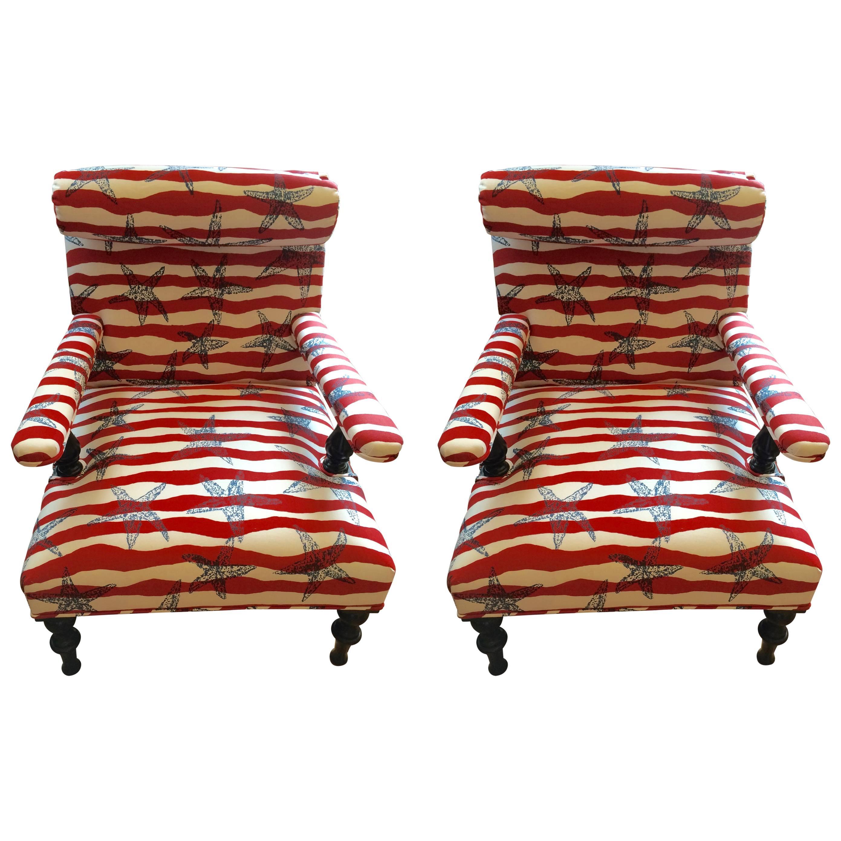 Fun Beachy Pair of Upholstered Club Chairs