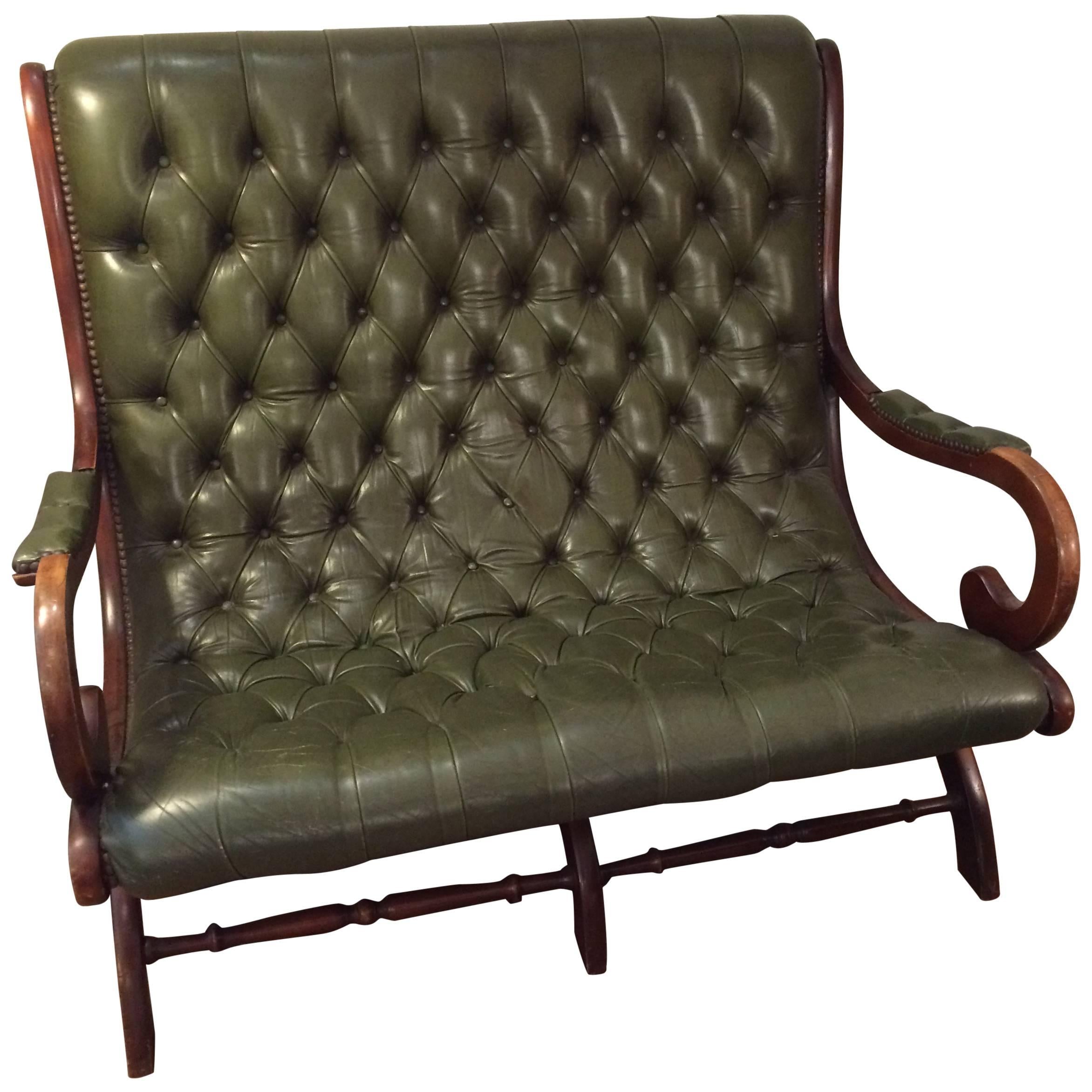 Antique English Dark Green Button Tufted Leather and Mahogany Loveseat