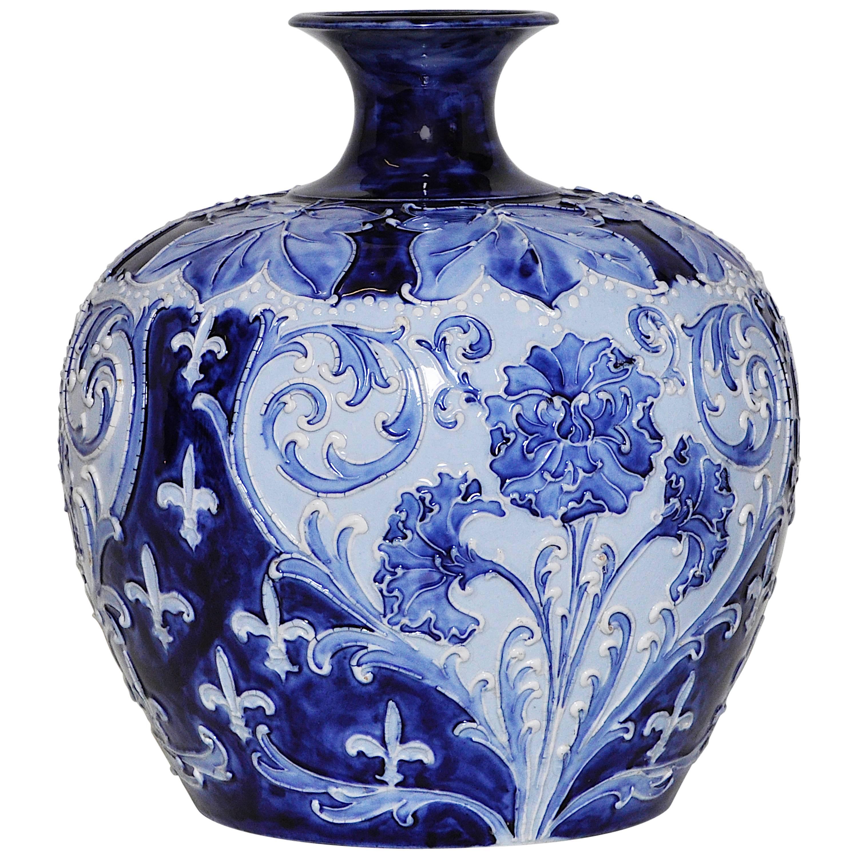 Large Rare Florian Ware Moorcroft Macintyre Blue Vase Pot Art Pottery For Sale