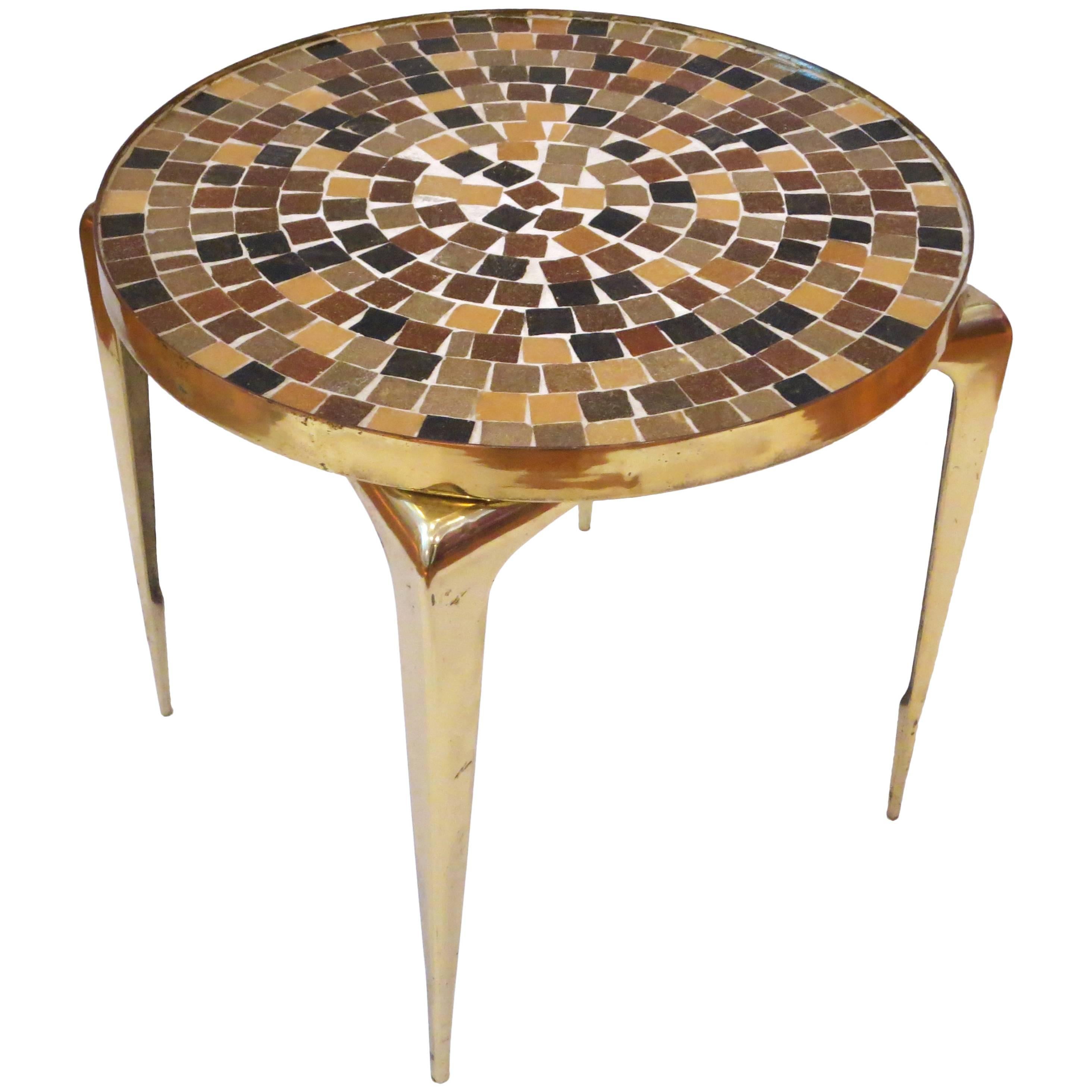 1950s Italian Mid-Century Modern Brass and Mosaic/Tile Top Small Cocktail Table