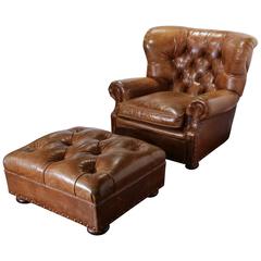 Large Vintage Ralph Lauren Brown Leather Armchair with Matching Ottoman