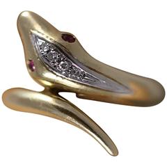 18kt Antique Snake Ring with Diamonds and Ruby Eyes