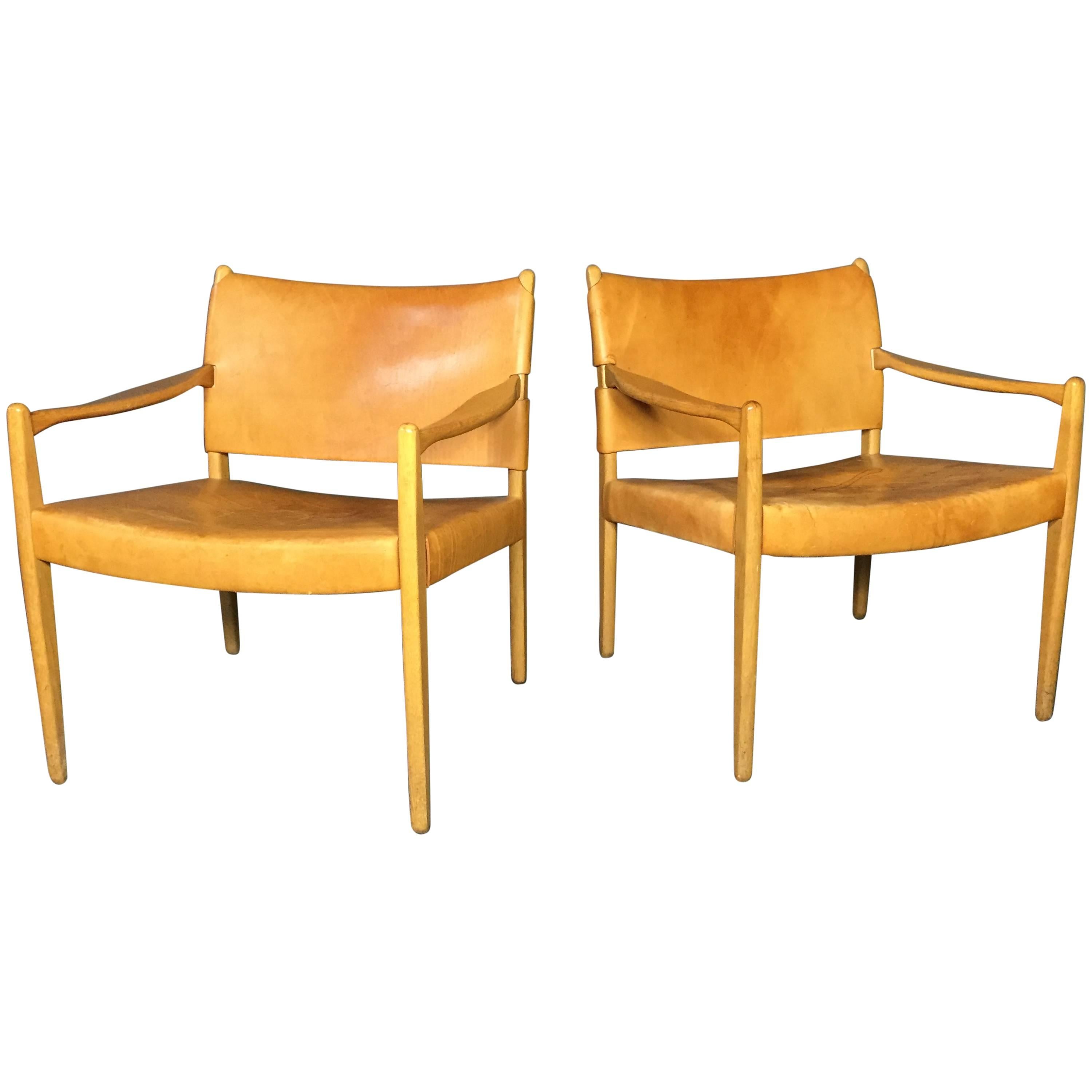Per-Olof Scotte Saddle Leather Premiär Armchairs, Sweden, 1950s