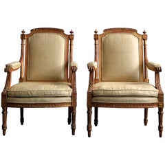 Pair of Louis XVI Giltwood Upholstered Fauteuils