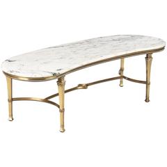 Mid-Century Marble-Top Kidney Shaped Brass Coffee Table