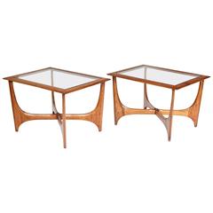 1960s Sculpted Walnut and Glass Top Lane Furniture Side Tables Pair