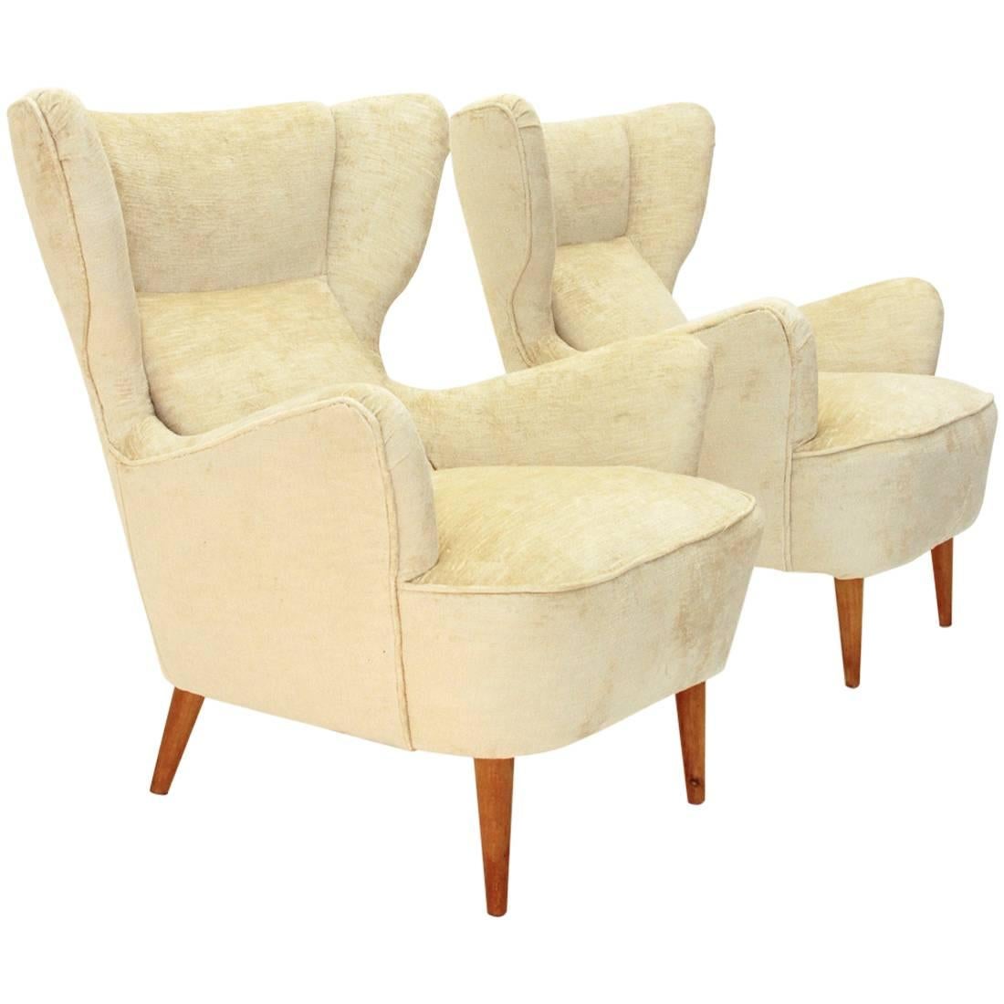 Italian Velvet Wingback Armchairs, Set of Two