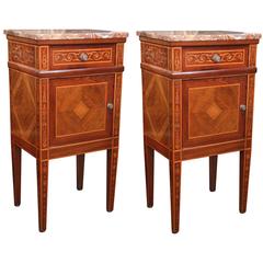 Vintage Pair of French Bedside Tables with Marble Tops and Marquetry Inlay
