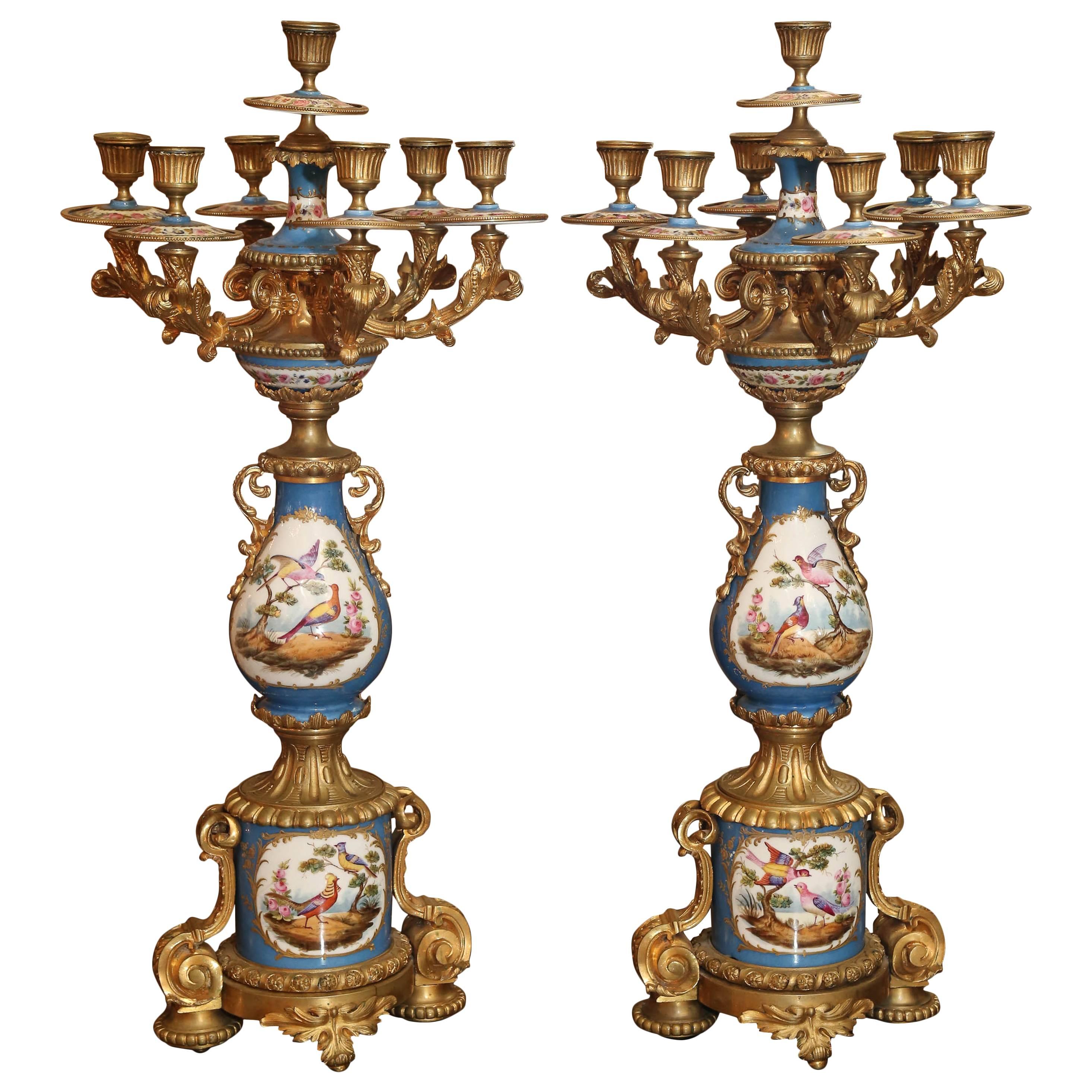 Pair of Sevres Porcelain and Bronze Dore Candelabra in Celeste Blue
