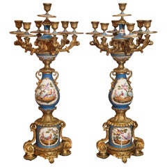 Pair of Sevres Porcelain and Bronze Dore Candelabra in Celeste Blue