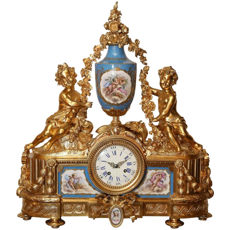 French Bronze Doré Clock with Sevres Porcelain in Celeste Blue For Sale