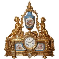 French Bronze Doré Clock with Sevres Porcelain in Celeste Blue 1