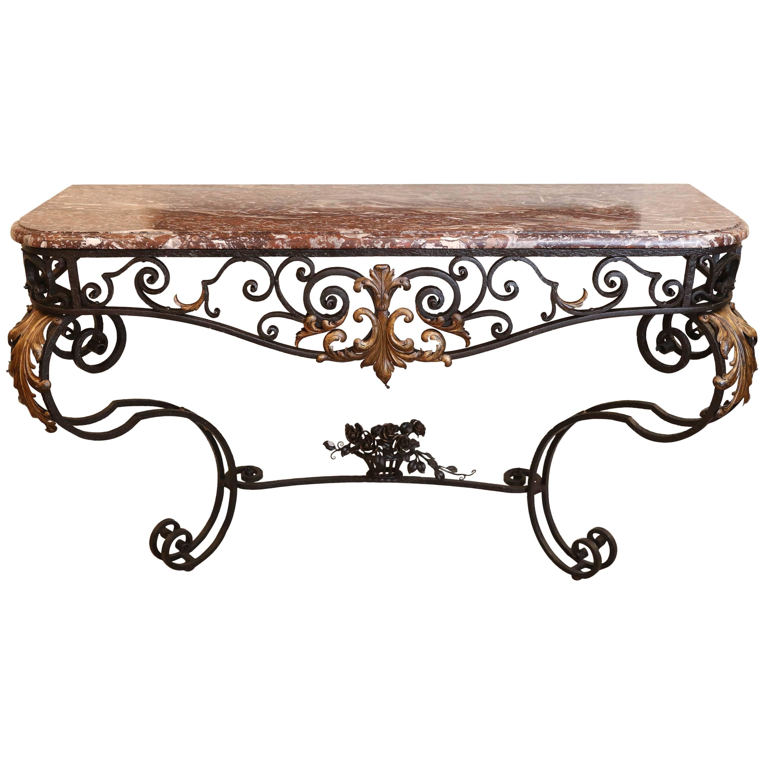 French Forged Iron Console, 19th Century with Marble Top