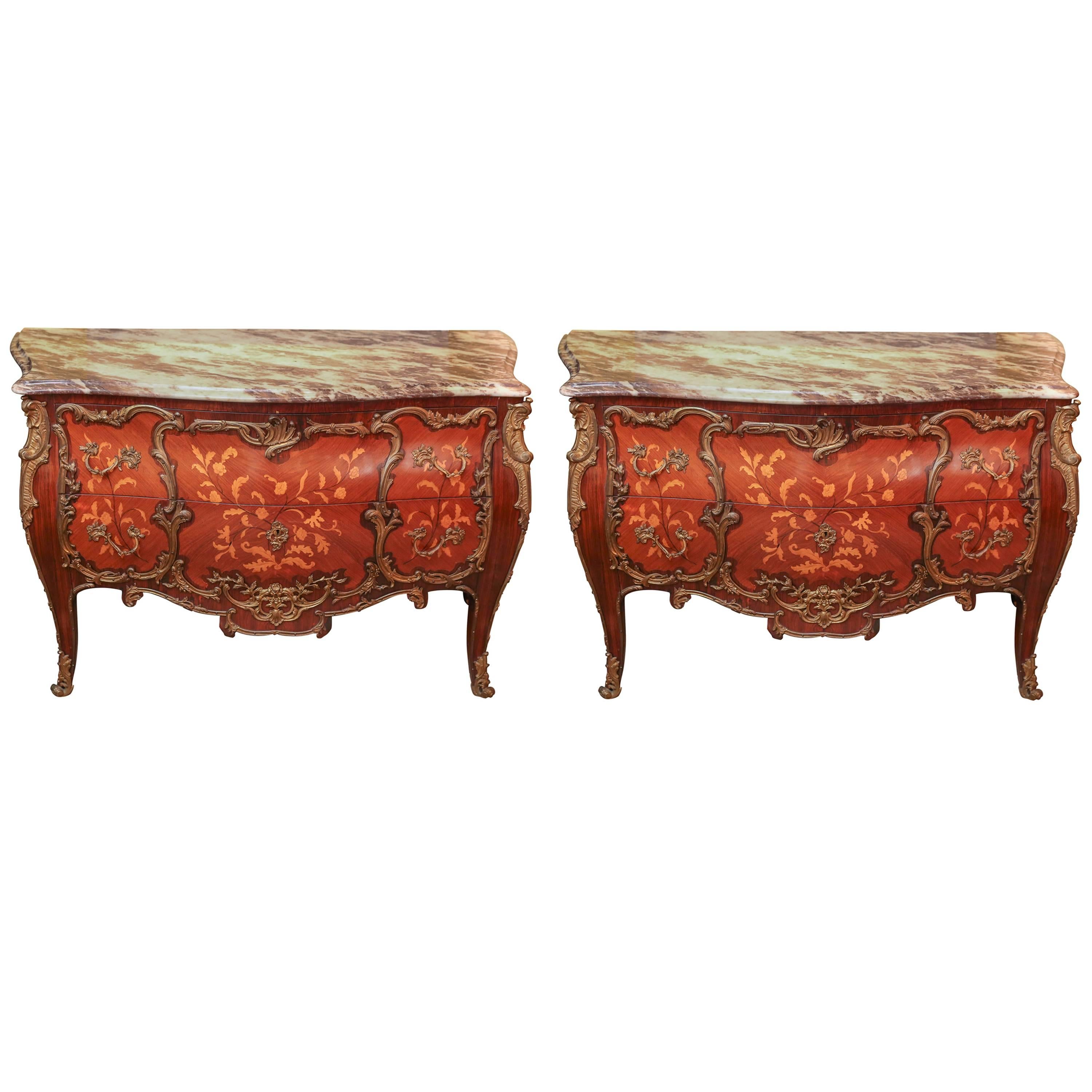 Pair of French Commodes with Marquetry Inlay and Marble Top For Sale