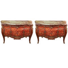 Antique Pair of French Commodes with Marquetry Inlay and Marble Top