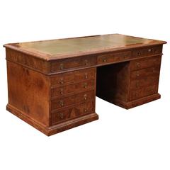 English Burled Walnut Desk with Leather Top in Queen Anne Style