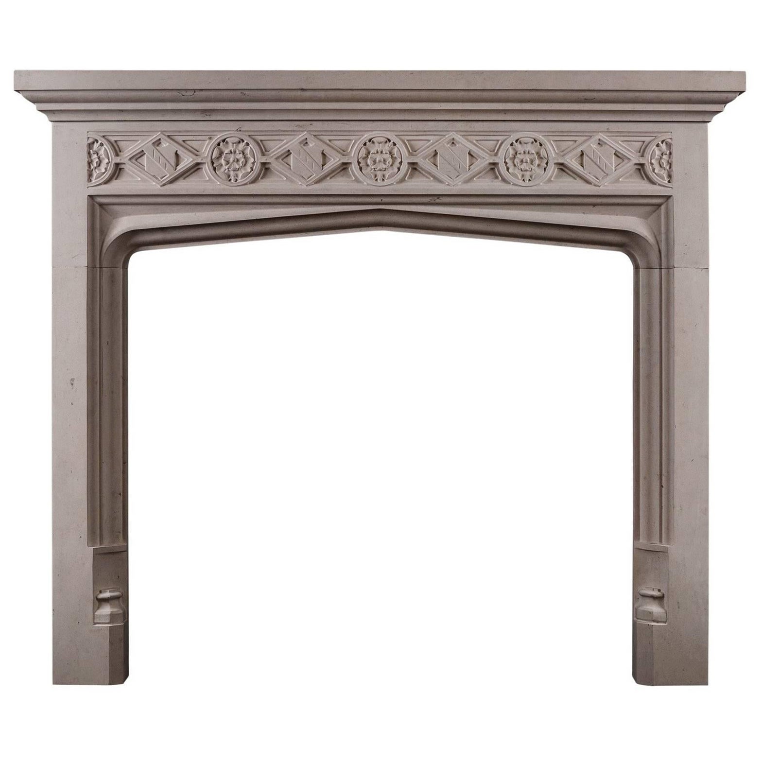 Gothic Style Limestone Fireplace For Sale