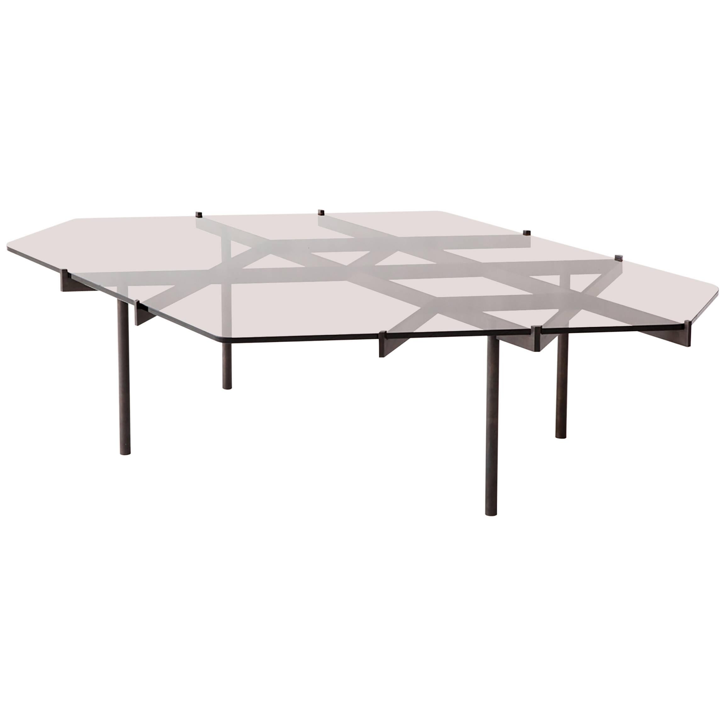 Lawson Coffee Table, Bronze Glass and Blackened Stainless Steel For Sale