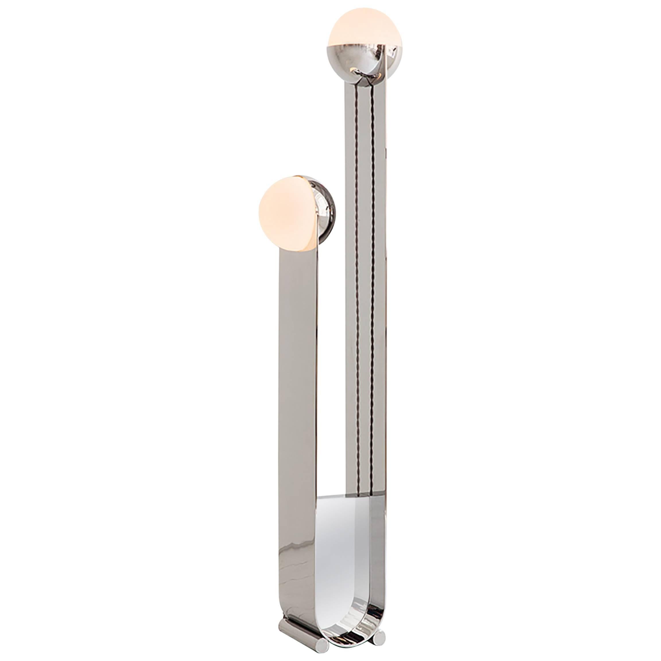Pete & Nora Floor Lamp, Polished Stainless Steel and Handblown Glass For Sale