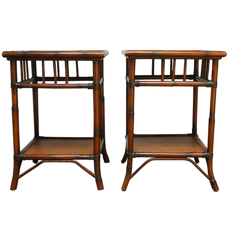 Pair of Bamboo Rattan TwoTier Bedside Tables at 1stDibs