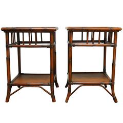 Pair of Bamboo Rattan Two-Tier Bedside Tables